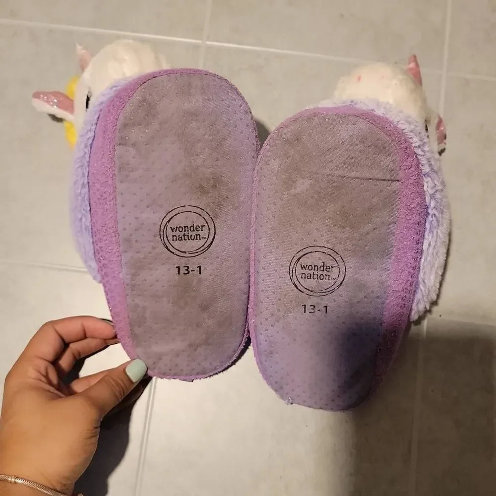 Wonder Nation Girl's Plush 3D Unicorn Purple Scuff Slip-on Slippers Size 13-1